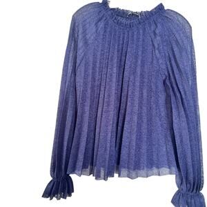 Zara Knit Blue Pleated Bell Sleeve Ruffle High Neck Semi Sheer Blouse Size M